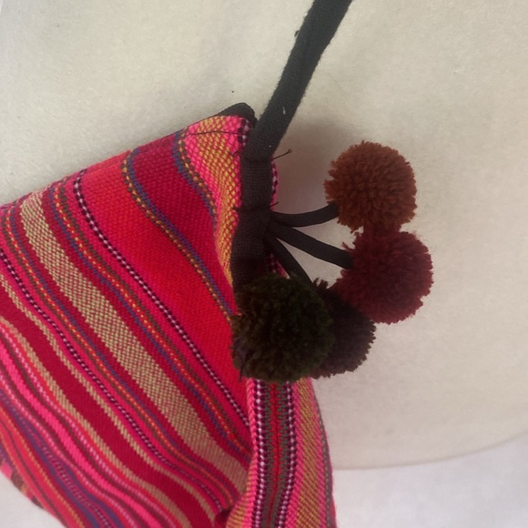 mexican fabric striped colorful w neon fabric cross body purse, w pom pom - Picture 4 of 12
